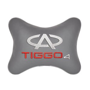 Автомобильная подушка на подголовник экокожа L. Grey с логотипом автомобиля CHERY Tiggo 4