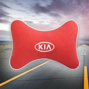Автомобильная подушка под шею на подголовник из красного велюра и вышивкой для KIA (киа)