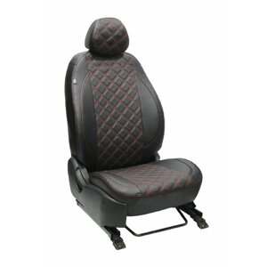 Чехлы для автомобильных сидений комплект Premium на HYUNDAI PORTER 3 места грузовик с горбами, авточехлы модельные экокожа, черный ромб красная нить (хендай портер)