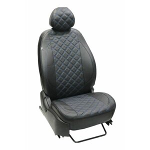 Чехлы для автомобильных сидений комплект Premium на VOLKSWAGEN POLO (2010-2020) седан, авточехлы модельные экокожа, задняя спинка сплошная, черный ромб синяя нить (Фольксваген Поло)