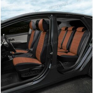 Чехлы для Ниссан Тиида C13 хэтчбек (2014-2018) / Премиум авточехлы на сиденья Nissan Tiida С13, черный с коричневой вставкой