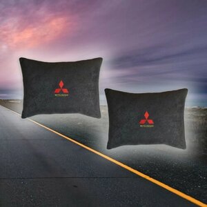 Комплект автомобильных подушек из черного велюра и вышивкой для Mitsubishi (митсубиси) (2 автомобильные подушки)