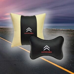 Комплект автомобильных подушек из экокожи и вышивкой для Citroen (ситроен) (подушка на подголовник и автомобильная подушка)