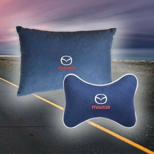 Комплект автомобильных подушек из синего велюра и вышивкой для Mazda (мазда) (подушка на подголовник и автомобильная подушка)