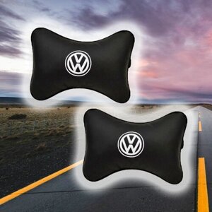 Комплект автомобильных подушек под шею на подголовник из экокожи и вышивкой для Volkswagen (фольцваген) (2 подушки)