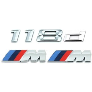 Комплект: шильдик на багажник BMW 118d + 2 эмблемы на крыло M-performance хром