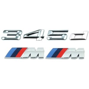 Комплект: шильдик на багажник BMW 345d + 2 эмблемы на крыло M-performance хром