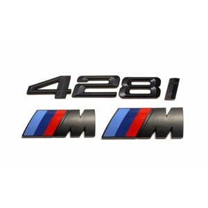 Комплект: шильдик на багажник BMW 428i + 2 эмблемы на крыло M-performance черный мат
