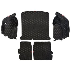 Кожаный 3D коврик в багажник Hyundai Creta I (2016+Полный комплект (с боковинами) Черный с бежевой строчкой / Хендай Крета 1, 3Д ковры в автомобиль