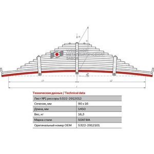 Лист №1 Рессора задняя для грузовиков производства ПАО КамАЗ 65115, 43118, 4350 16 листов