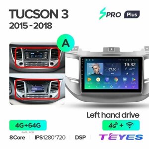 Магнитола Hyundai Tucson 3 (Left hand drive) 2015-2018 (Комплектация А) Teyes SPRO+ 4/64GB, штатная магнитола, 8-ми ядерный процессор, IPS экран, DSP, 4G, Wi-Fi, 2 DIN