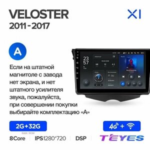 Магнитола Hyundai Veloster FS 2011-2017 (Комплектация A) Teyes X1 4G 2/32GB, штатная магнитола, 8-ми ядерный процессор, IPS экран, DSP, 4G, Wi-Fi, 2 DIN
