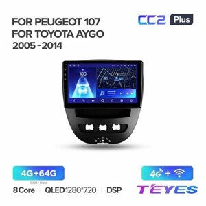 Магнитола Peugeot 107 Toyota Aygo 2005-2014 Teyes CC2+ 4/64GB, штатная магнитола, 8-ми ядерный процессор, QLED экран, DSP, 4G, Wi-Fi, 2 DIN