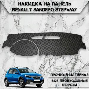 Накидка на панель приборов для Рено Сандеро / Renault Sandero 2004-2013 Г. В. из Экокожи Чёрная с чёрной строчкой