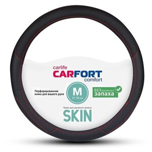 Оплетка на руль CARFORT SKIN, кожа, черный с красной полосой, размер M (37-39см)