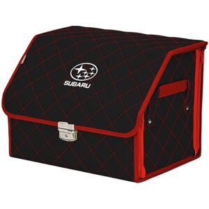 Органайзер-саквояж в багажник "Союз Премиум"размер M). Цвет: черный с красной прострочкой Ромб и вышивкой Subaru (Субару).