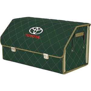 Органайзер-саквояж в багажник "Союз Премиум"размер XL Plus). Цвет: зеленый с бежевой прострочкой Ромб и вышивкой Toyota (Тойота).