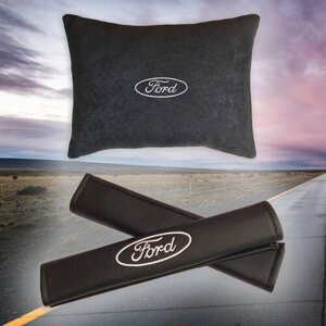 Подарочный набор автомобилиста из черного велюра для Ford (форд) (автомобильная подушка и накладки на ремень безопасности)