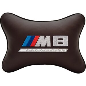 Подушка на подголовник экокожа Coffee с логотипом автомобиля BMW M8 COMPETITION