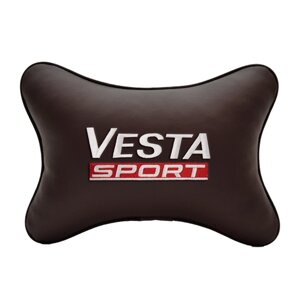 Подушка на подголовник экокожа Coffee с логотипом автомобиля LADA VESTA SPORT