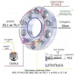 Проставка колёсная 1 шт 20мм 5*114,3 ЦО 60,1 на 70,1 Крепёж в комплекте Гайка + Шпилька М12*1,5 ступичная с бортиком для дисков 1 шт на ступицу 5x114,3