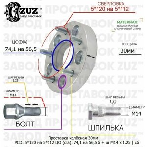 Проставка колёсная 1 шт 30мм 5*120 на 5*112 ЦО 74,1 на 56,5 Крепёж в комплекте Болт + Шпилька М14*1,25 ступичная с бортиком переходная адаптер для дисков 1 шт