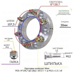 Проставка колёсная 1 шт 30мм 6*139,7 ЦО 107,5 Крепёж в комплекте Гайка + Шпилька М12*1,5 ступичная с бортиком для дисков 1 шт на ступицу 6x139,7