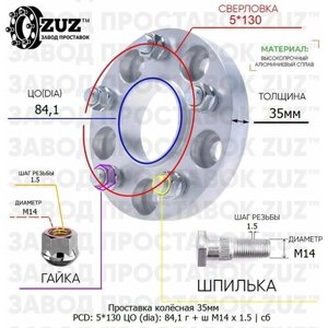 Проставка колёсная 1 шт 35мм 5*130 ЦО 84,1 Крепёж в комплекте Гайка + Шпилька М14*1,5 ступичная с бортиком для дисков 1 шт на ступицу 5x130 5х130