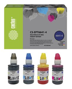 Чернила Cactus, 4 шт. x 100 мл, голубой/пурпурный/желтый/черный, совместимые, водные для Epson L100/ L110/ L120/ L132/ L200/ L210/ L222/ L300/ L312/ L350/ L355/ L362/ L366/ L456/ L550/ L555/ L566/ L1300 (CS-EPT6641-4)
