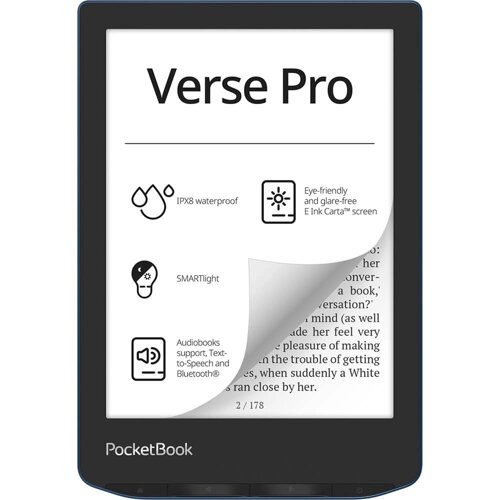 Электронная книга PocketBook 634 Verse Pro Azure, 6" 1072x1448 E-Ink Carta Touch, 16Gb, Wi-Fi, 1.5 А·ч, синий (PB634-A-WW)