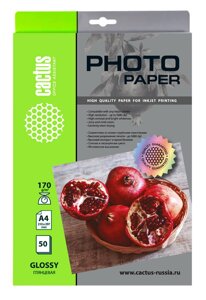 Фотобумага A4 170 г/м² глянцевая, 50 листов, односторонняя, Cactus Photo Paper CS-GA417050 для струйной печати