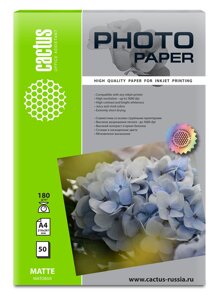 Фотобумага A4 180 г/м² матовая, 50 листов, односторонняя, Cactus Photo Paper CS-MA418050 для струйной печати