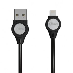 Кабель USB-Lightning (8-pin) 2.0, Ritmix, 1m, черный, тканевая оплетка, LED подсветка (RCC-429)
