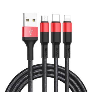 Кабель USB-Lightning 8-pin+Micro USB+USB Type-C, 2A, 1м, черный/красный HOCO X26 (80282)