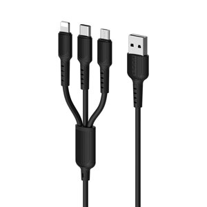 Кабель USB-Micro USB/USB Type-C/Lightning 8-pin, 2.1A, усиленный коннектор, 1м, черный Borofone (BX16 Easy)