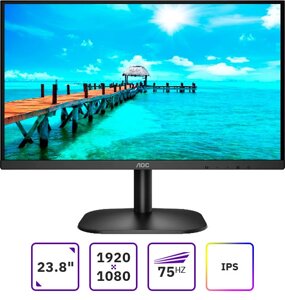 Монитор 23.8" AOC 24B2xda IPS, 1920x1080 (16:9), 250кд/м2, 4мс, 178°178°VGA, DVI, HDMI, черный