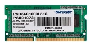 Память DDR3l sodimm 4gb, 1600mhz, CL11, 1.35 в, patriot memory, signature (PSD34G1600L81S)