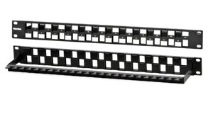 Патч-панель в шкаф 19" 1U, порты: 24, органайзер, Модульная патч-панель 19", 24 порта, Flat Type, 1U, для модулей Keystone Jack, с задним кабельным организатором (без модулей), Hyperline (PPBL3-19-24S-RM)