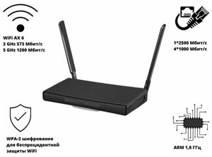 Wi-Fi роутер MikroTik HAP AX, 802.11a/b/g/n/ac/ax, 2.4 / 5 ГГц, до 1.2 Гбит/с, LAN 4x1 Гбит/с, WAN 1x2.5 Гбит/с, внешних антенн: 2x5.5 дБи, 1xUSB 3.0 (C53UiG+5HPaxD2HPaxD)