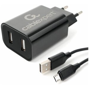 Адаптер питания Cablexpert MP3A-PC-35 USB 2 порта, 2.4A, черный + кабель 1 м micro