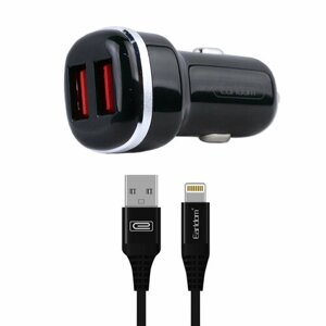 Автомобильное зарядное устройство (АЗУ) Earldom ES-138I, 2 разъема USB, с кабелем Lightning 8-pin, 1 метр, 2.4А, 12Вт, черный