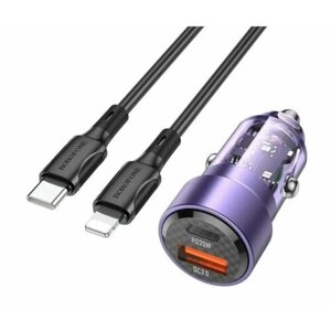 Автомобильное зарядное устройство USB QC3.0/Type-C PD 65W Черный (Кабель Type-C- Lighting в комплекте), фиолетовый