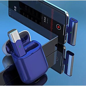 Беспроводный петличный микрофон SX960 c разъемом Lightning для Iphone, Зарядный кейс, Петличка для стрима, Синий