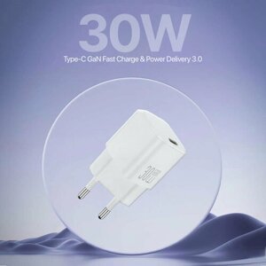 Быстрая зарядка (блок питания) USB-C 30W Power Delivery, Компактный сетевой адаптер GaN, Белый