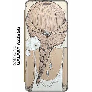 Чехол-книжка Девочка в обнимку с котом на Samsung Galaxy A22s 5G / Самсунг А22с золотой
