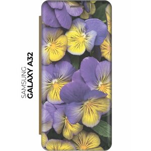 Чехол-книжка Фиолетовые и желтые фиалки на Samsung Galaxy A32 / Самсунг А32 золотой