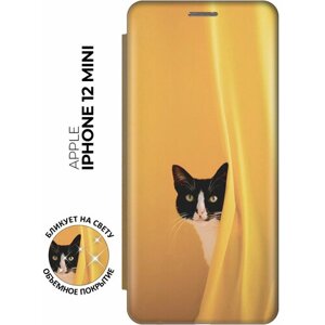 Чехол-книжка на Apple iPhone 12 Mini / Эпл Айфон 12 мини с рисунком "Выглядывающий котик" золотистый