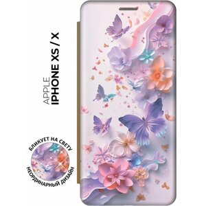 Чехол-книжка на Apple iPhone Xs / X с принтом "Фиолетовые бабочки и бумажные цветы" золотой