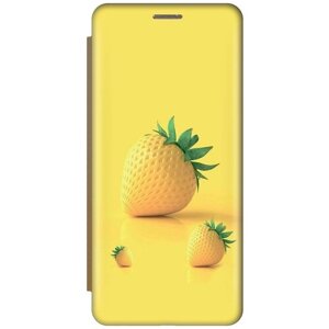 Чехол-книжка на Samsung Galaxy A03s, Самсунг А03с c принтом "Желтая клубника" золотистый