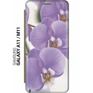 Чехол-книжка на Samsung Galaxy A11, M11, Самсунг А11, М11 с 3D принтом "Сиреневые орхидеи" золотой